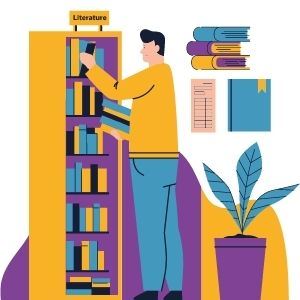 illustration of a person browsing shelves of books